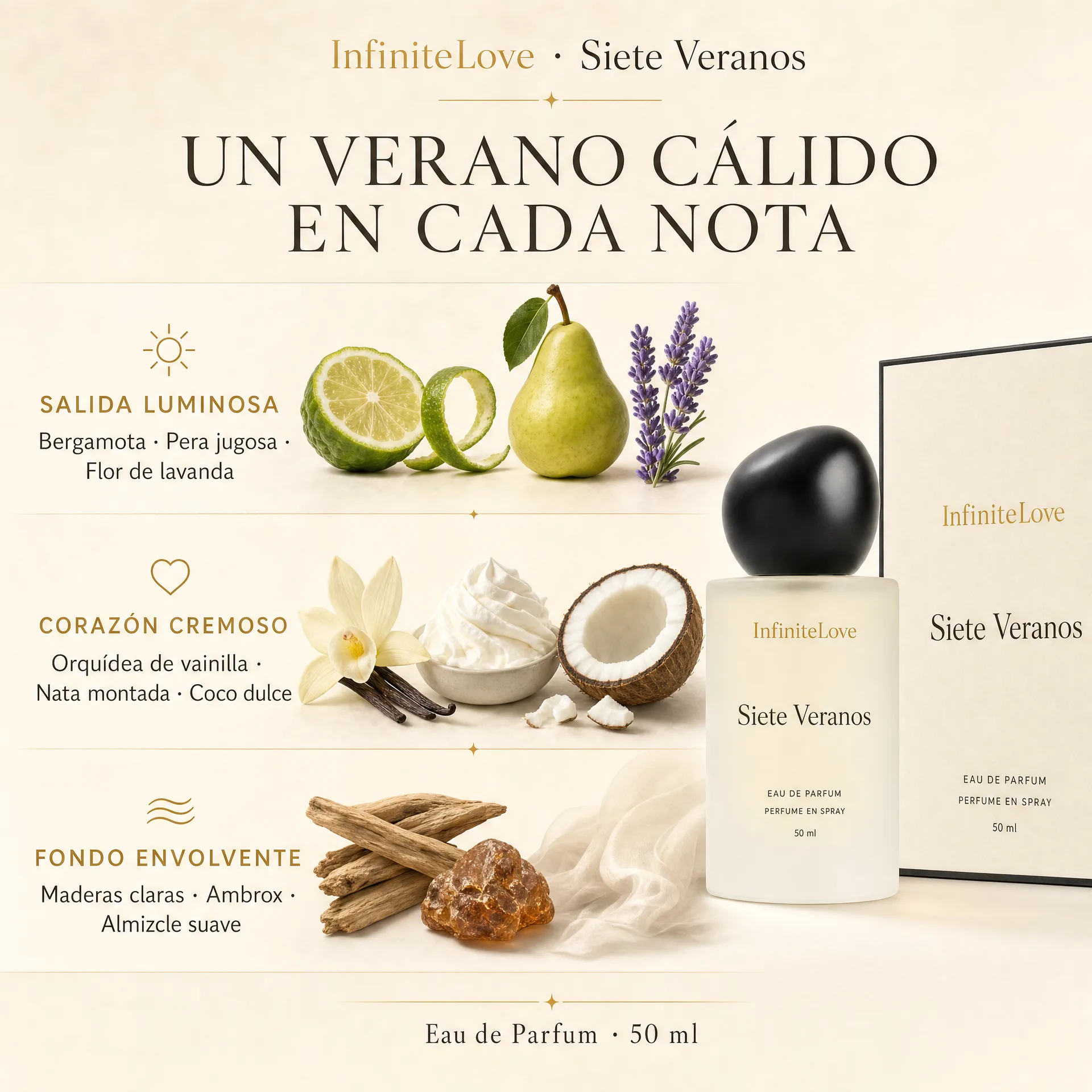 Pirámide olfativa de InfiniteLove Siete Veranos con bergamota, pera, lavanda, vainilla, coco y maderas claras