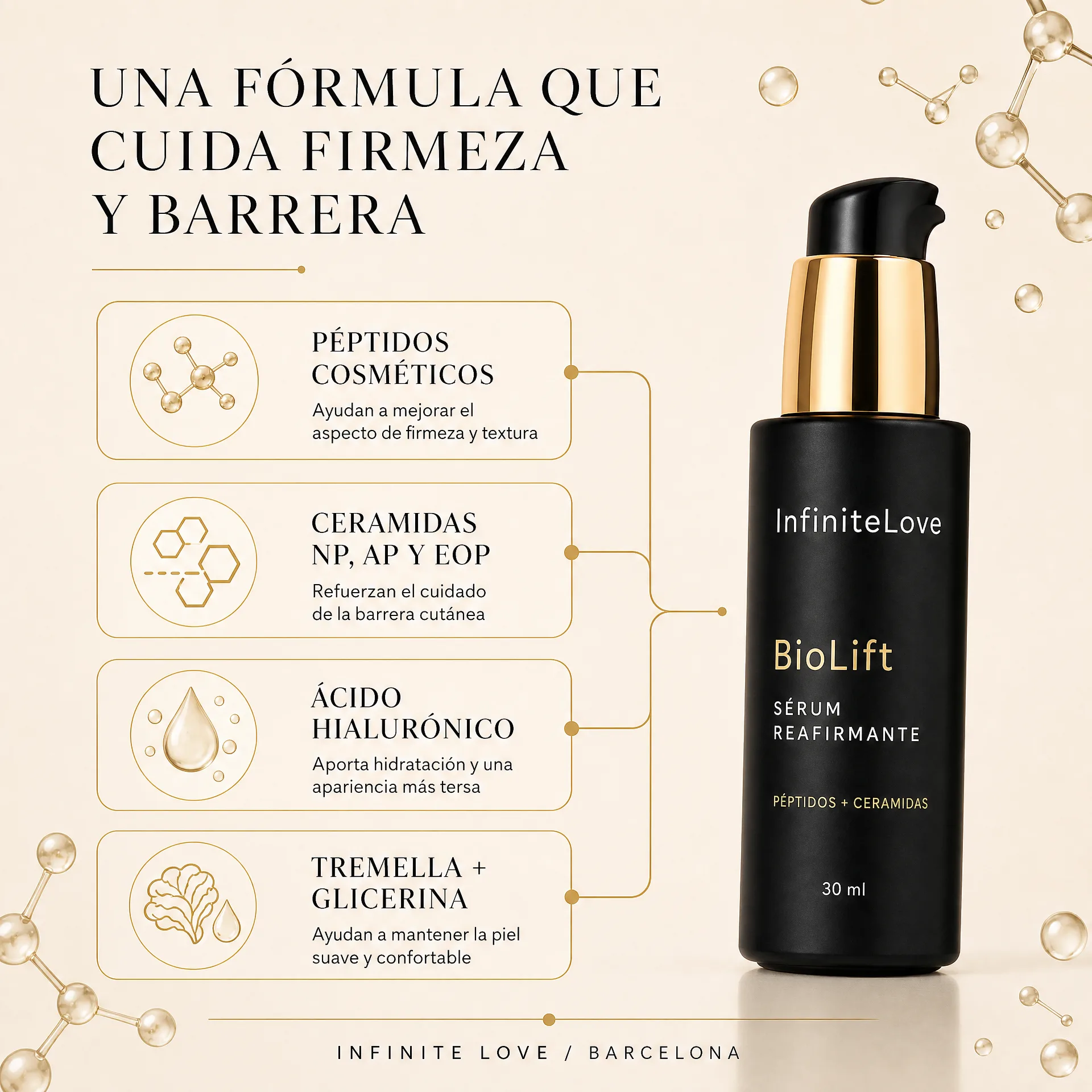 Ingredientes y mecanismo cosmético de InfiniteLove BioLift con péptidos, ceramidas, ácido hialurónico, tremella y glicerina