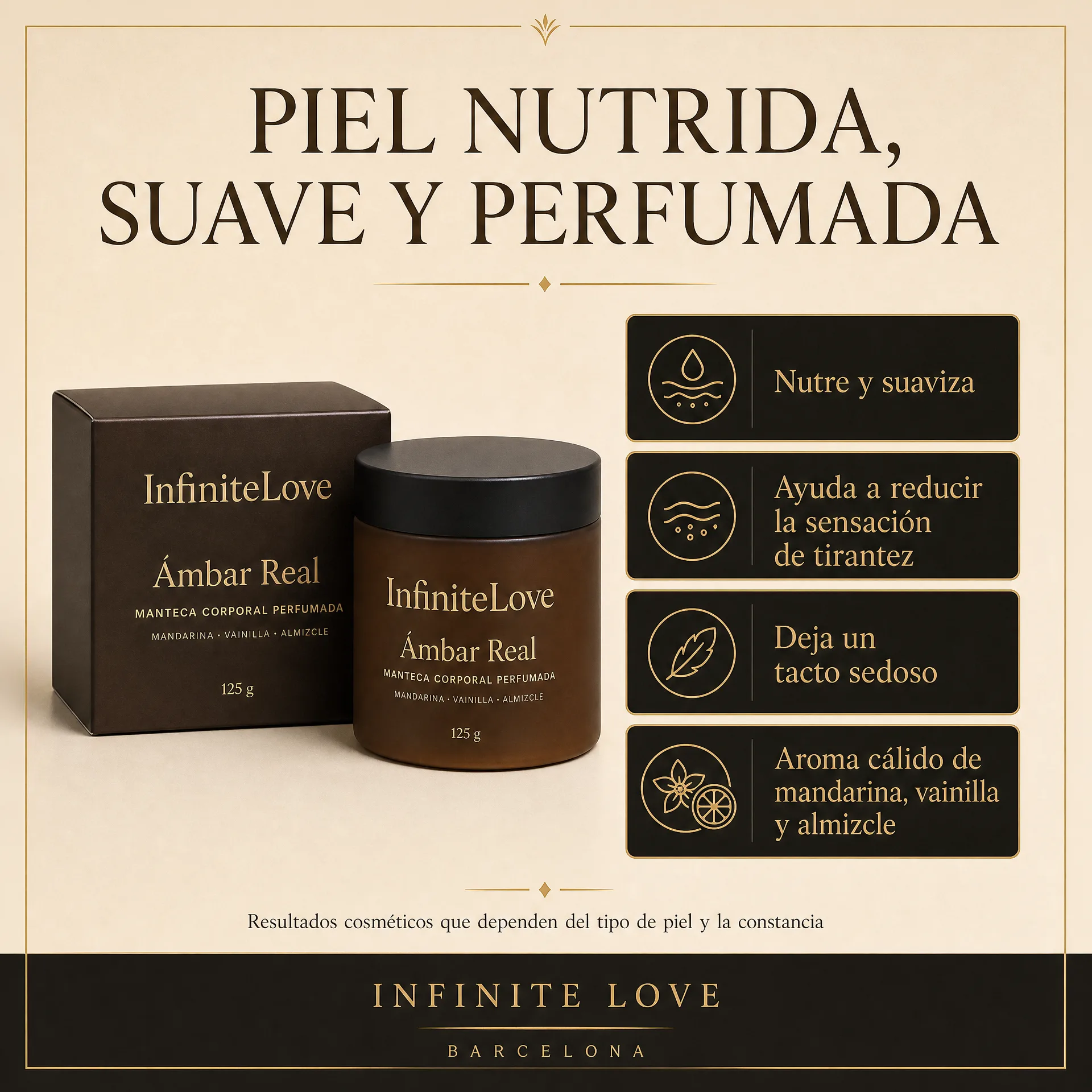 Beneficios cosméticos de InfiniteLove Ámbar Real para nutrir, suavizar, aportar confort y perfumar la piel