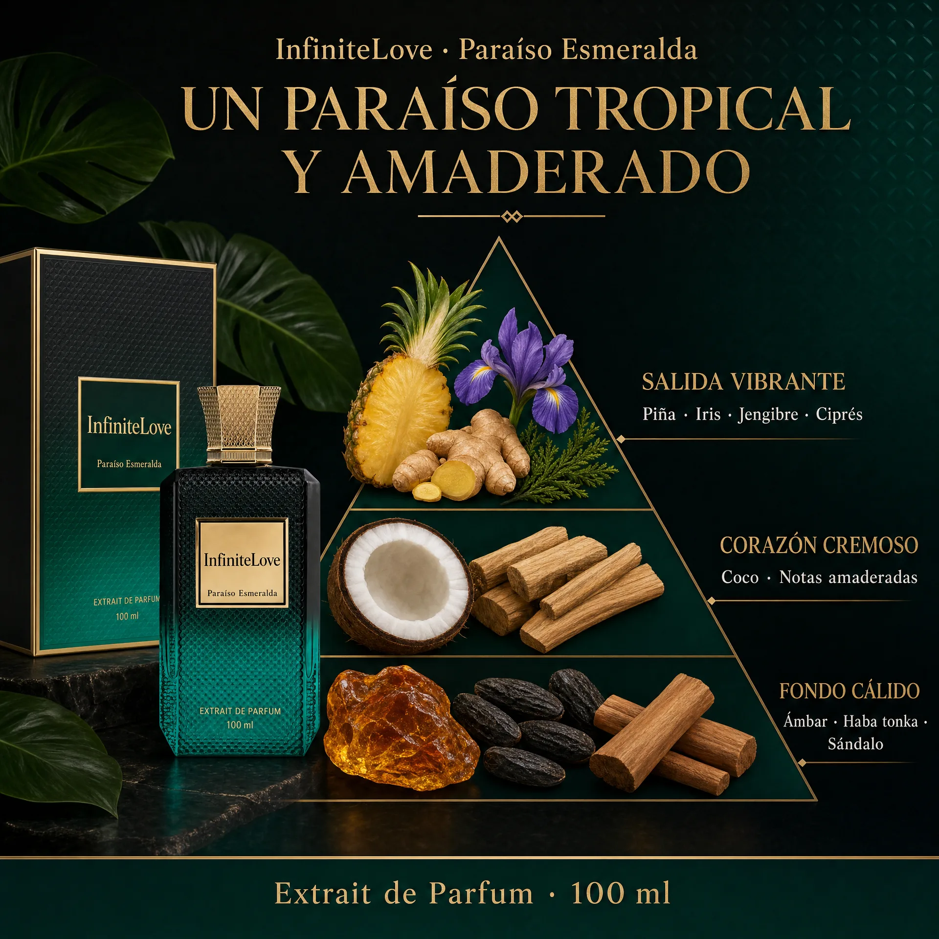 Pirámide olfativa de InfiniteLove Paraíso Esmeralda con piña, iris, jengibre, ciprés, coco, ámbar, tonka y sándalo