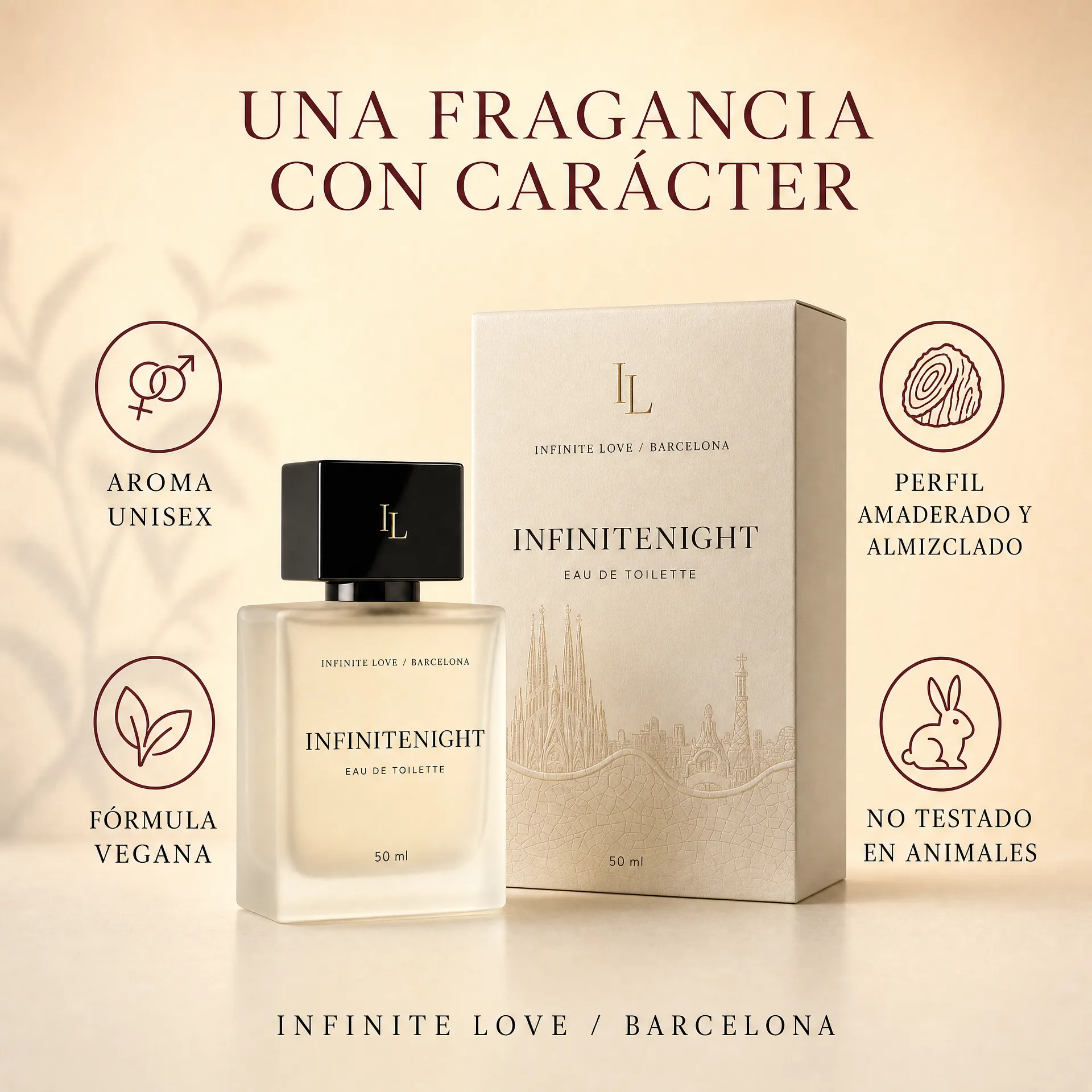 Beneficios de InfiniteNight: aroma unisex, perfil amaderado y almizclado, fórmula vegana y no testada en animales