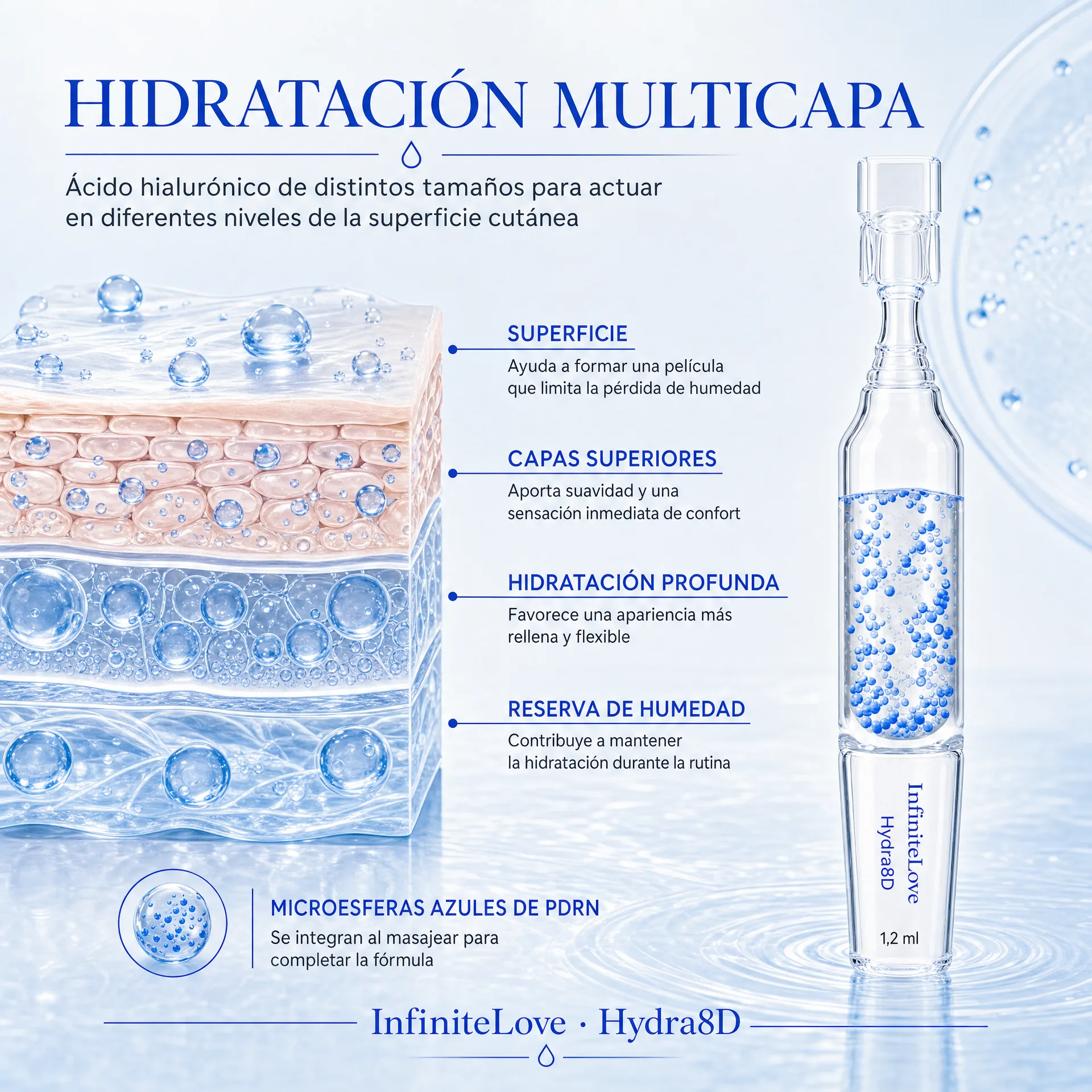 Mecanismo de hidratación multicapa de Hydra8D con ácido hialurónico y microesferas azules de PDRN