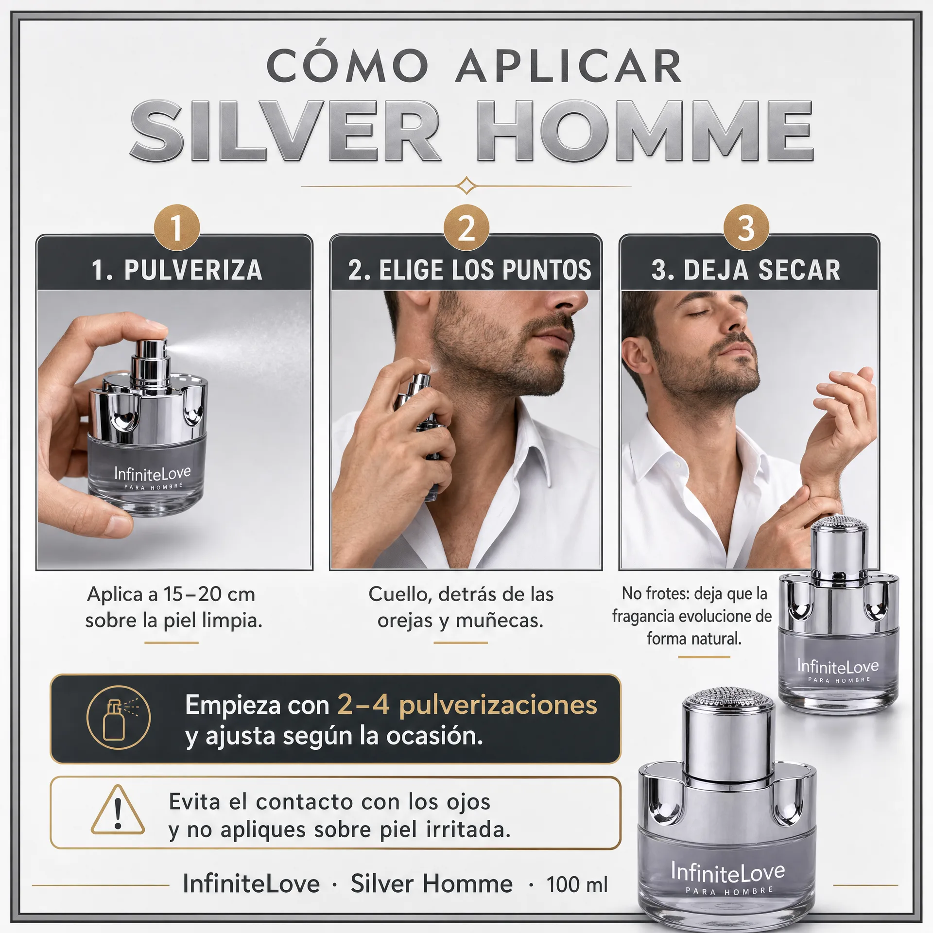 Modo de aplicación de InfiniteLove Silver Homme en cuello, detrás de las orejas y muñecas