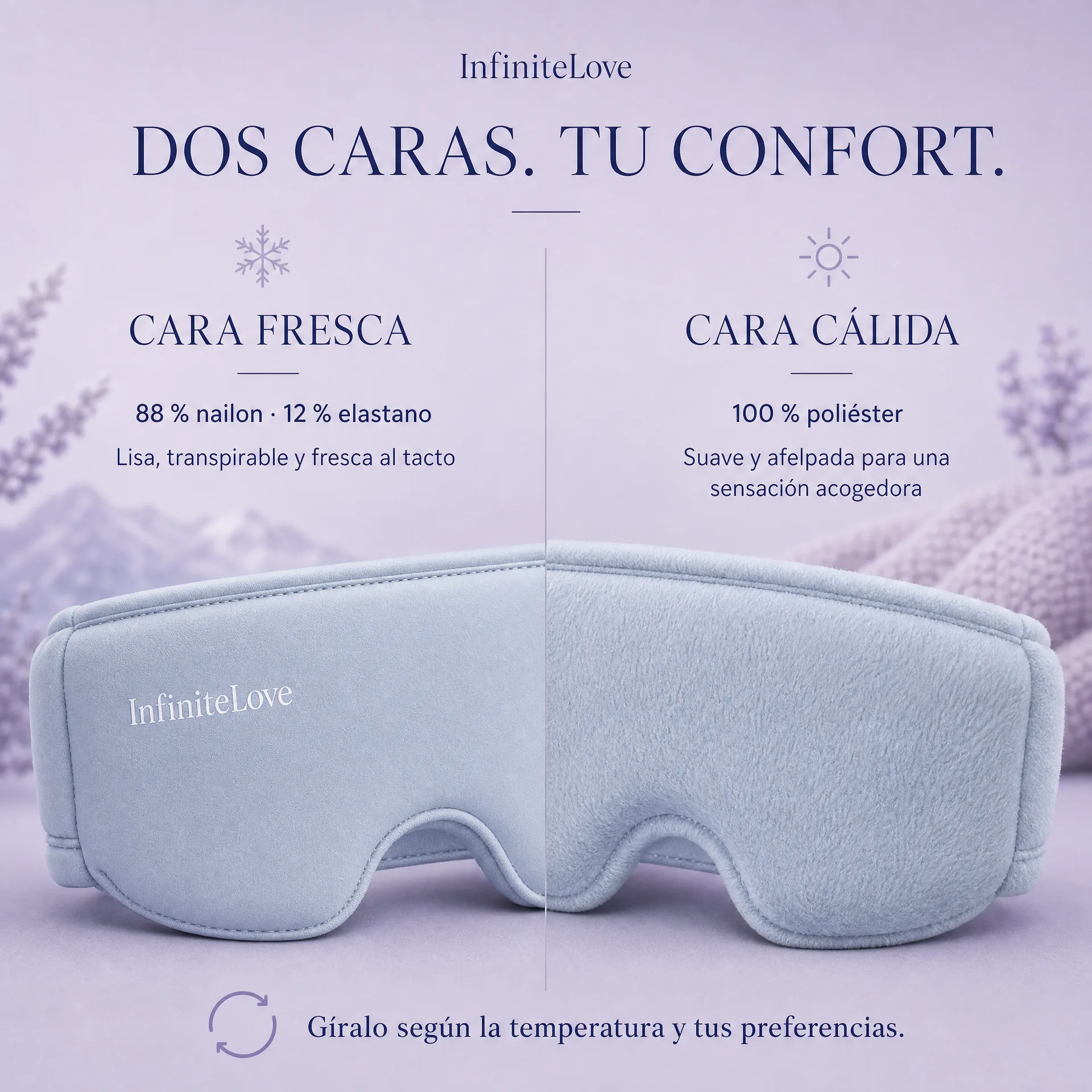 Las dos caras de InfiniteLove Nube Nocturna: una fresca de nailon y elastano y otra cálida de poliéster afelpado