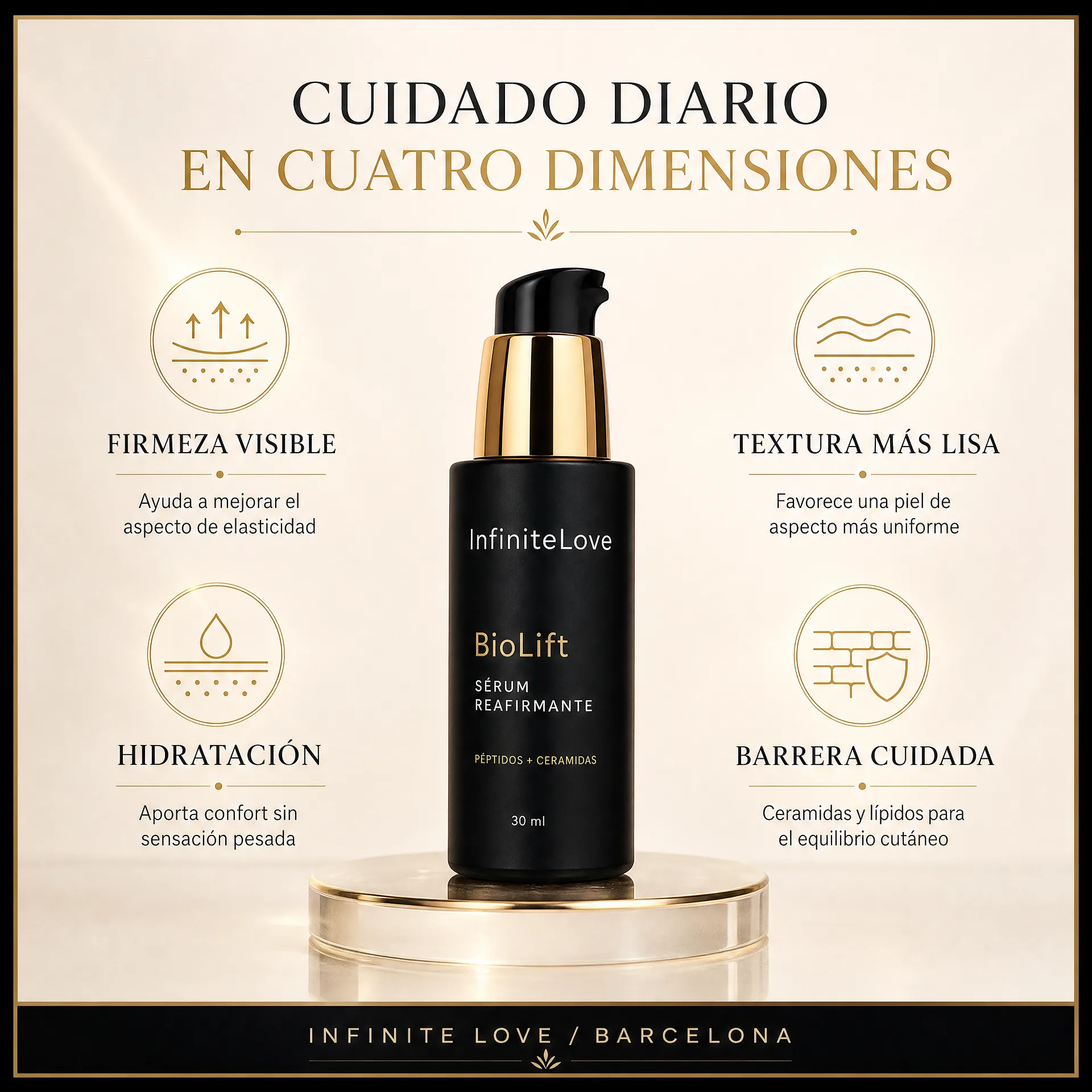 Beneficios cosméticos de InfiniteLove BioLift para firmeza, textura, hidratación y barrera cutánea