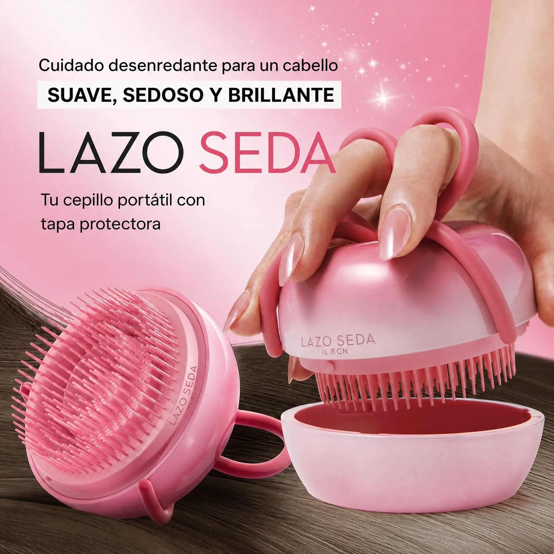 Lazo Seda de IL BCN, cepillo desenredante portátil rosa con tapa protectora