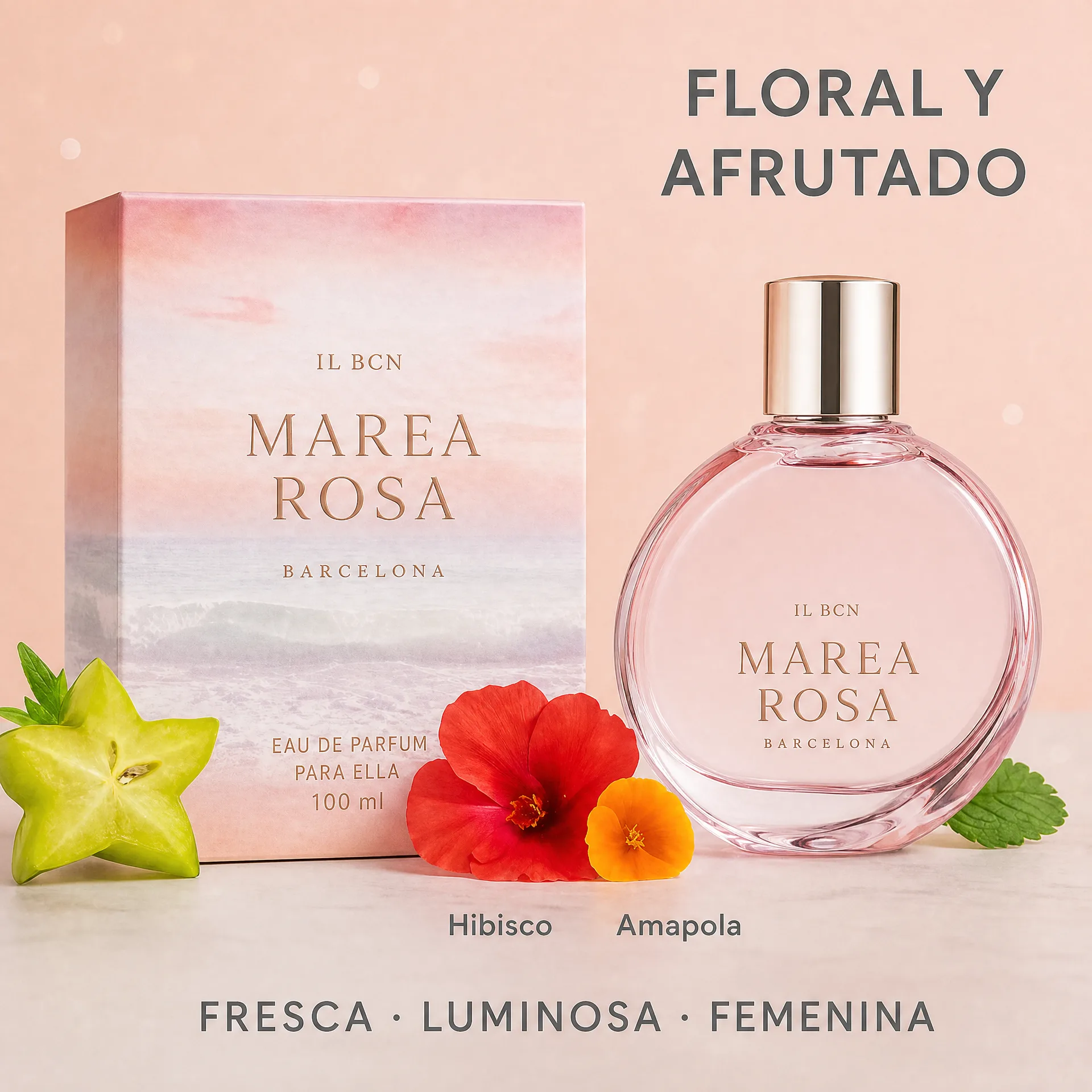 Marea Rosa de IL BCN fragancia floral y afrutada con hibisco y amapola