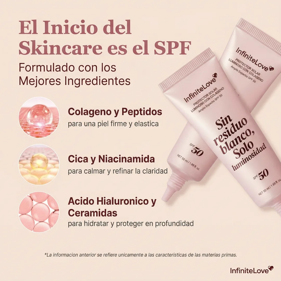 Protector Solar Glow con Colágeno SPF50 – Hidratación y Brillo Natural sin Residuo Blanco