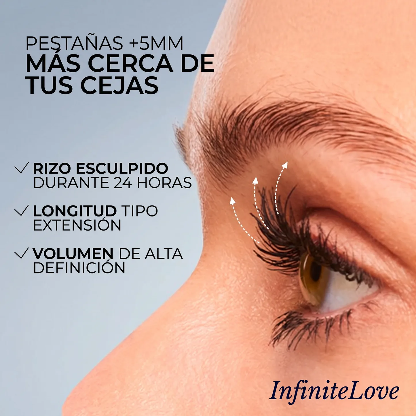 Pestañas maquilladas con efecto visual de longitud, curvatura y volumen