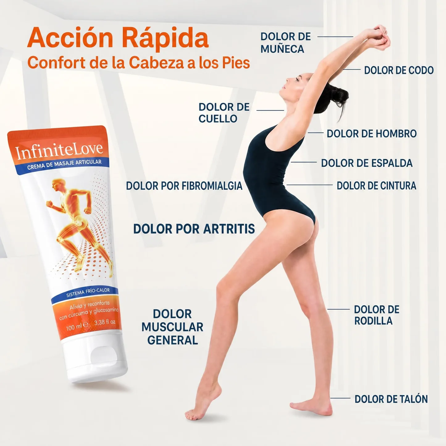 Crema de Masaje Articular Efecto Frío Cúrcuma Glucosamina Condroitina MSM Ácido Hialurónico 100ml