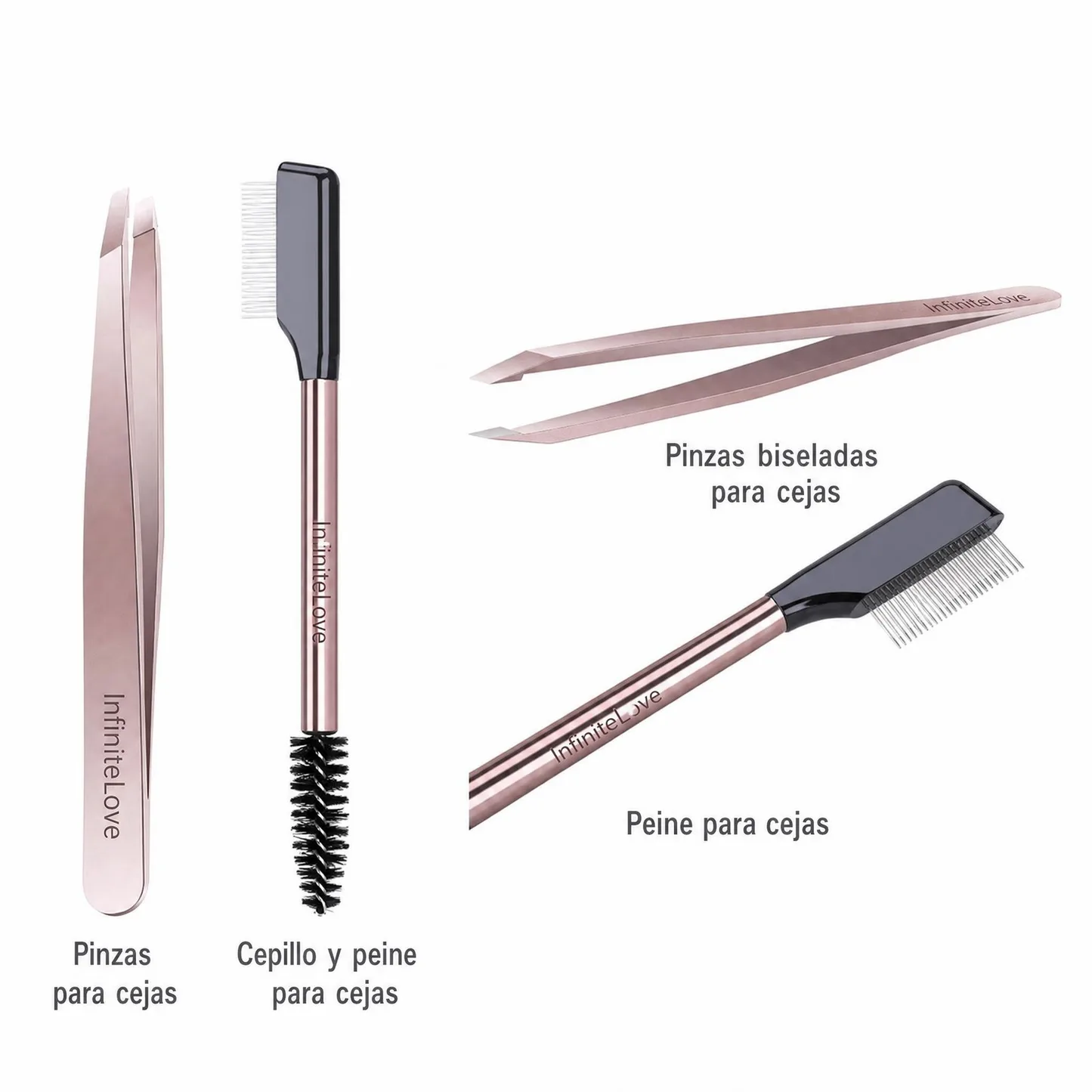 Set de Retoque para Cejas y Pestañas Pinzas de Precisión Acero Inoxidable Peine Doble Separador Oro Rosa