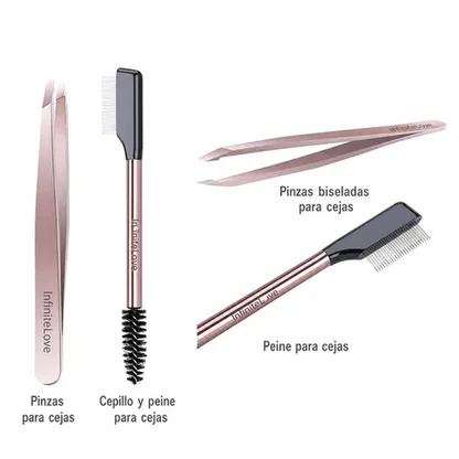 Set de Retoque para Cejas y Pestañas Pinzas de Precisión Acero Inoxidable Peine Doble Separador Oro Rosa