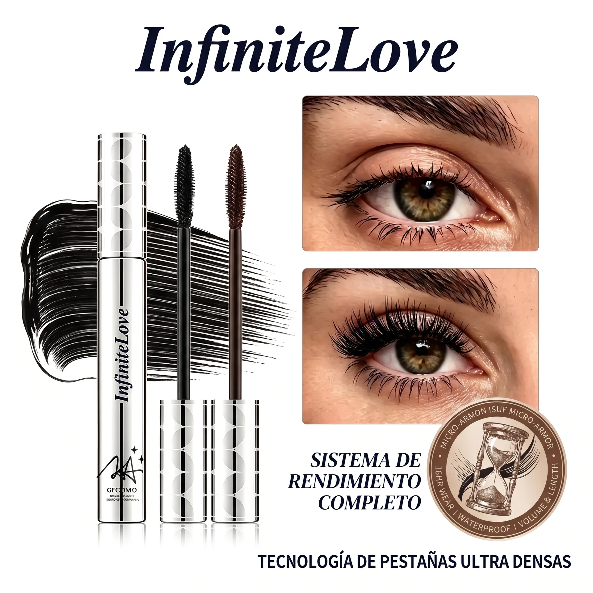Máscara InfiniteLash y ejemplos visuales de acabado en las pestañas
