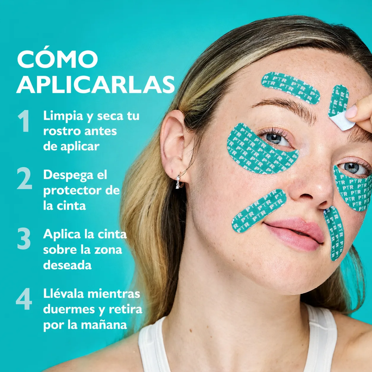 Modo de aplicación de las cintas faciales en cuatro pasos