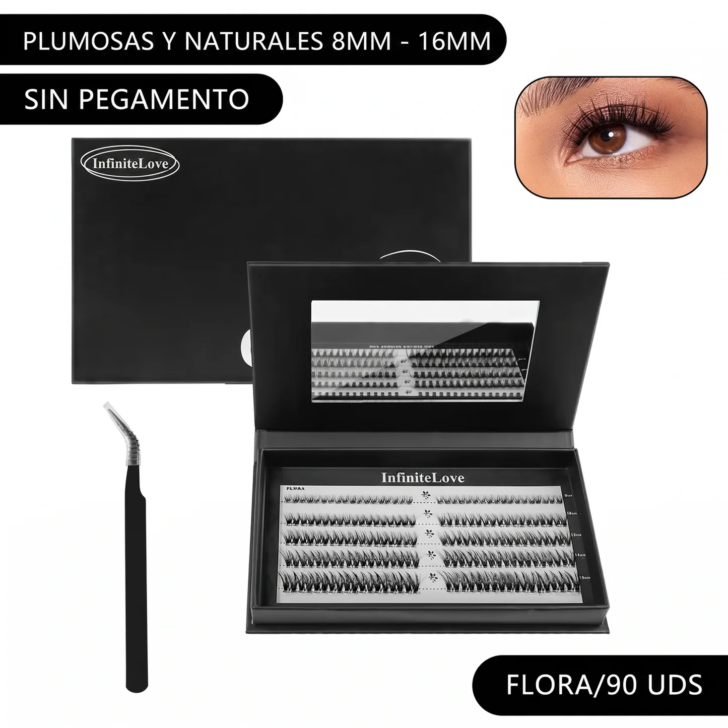 Kit de Pestanas en Racimo Autoadhesivas DIY - 80 Piezas 8-16mm con Pinzas de Precision