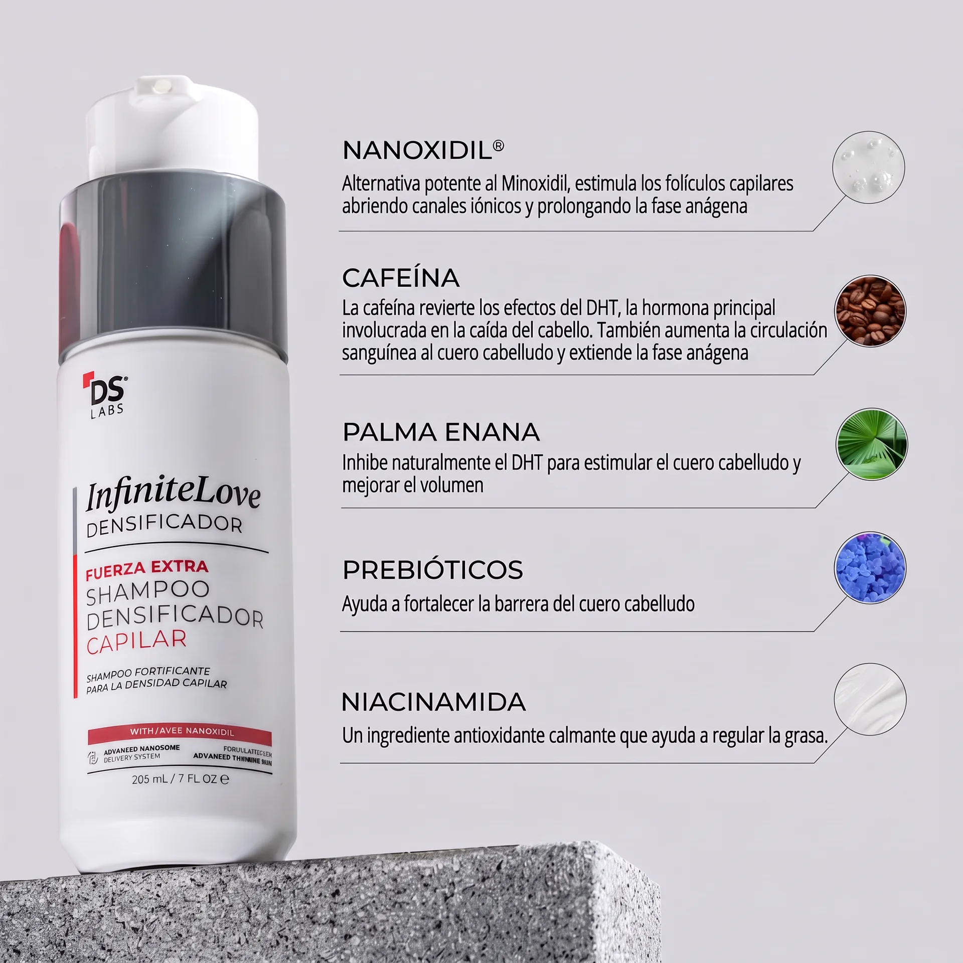 Ingredientes Nanoxidil Cafeína Palma Enana Prebióticos Niacinamida
