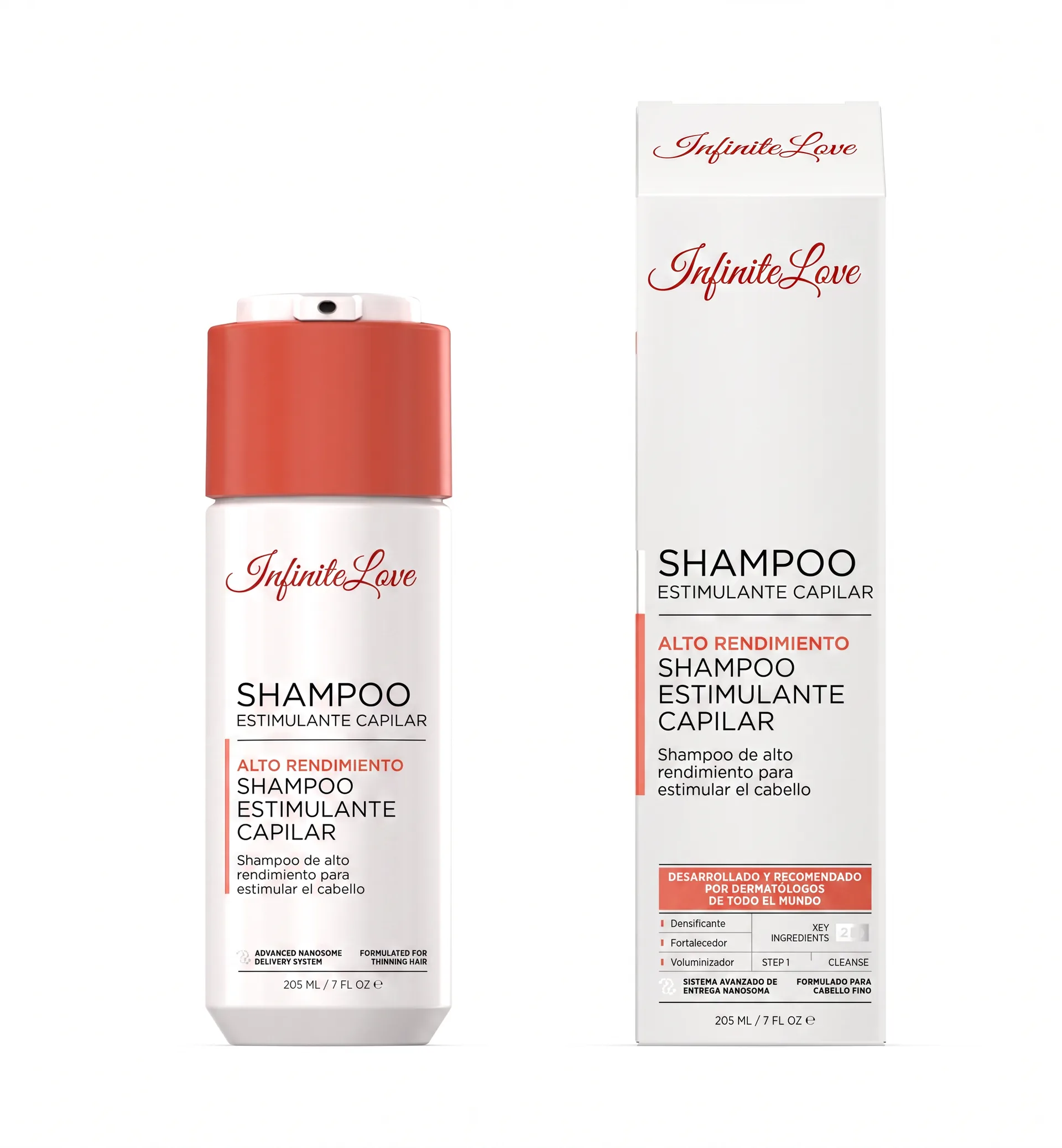 Packshot Botella y Caja InfiniteLove Shampoo Estimulante