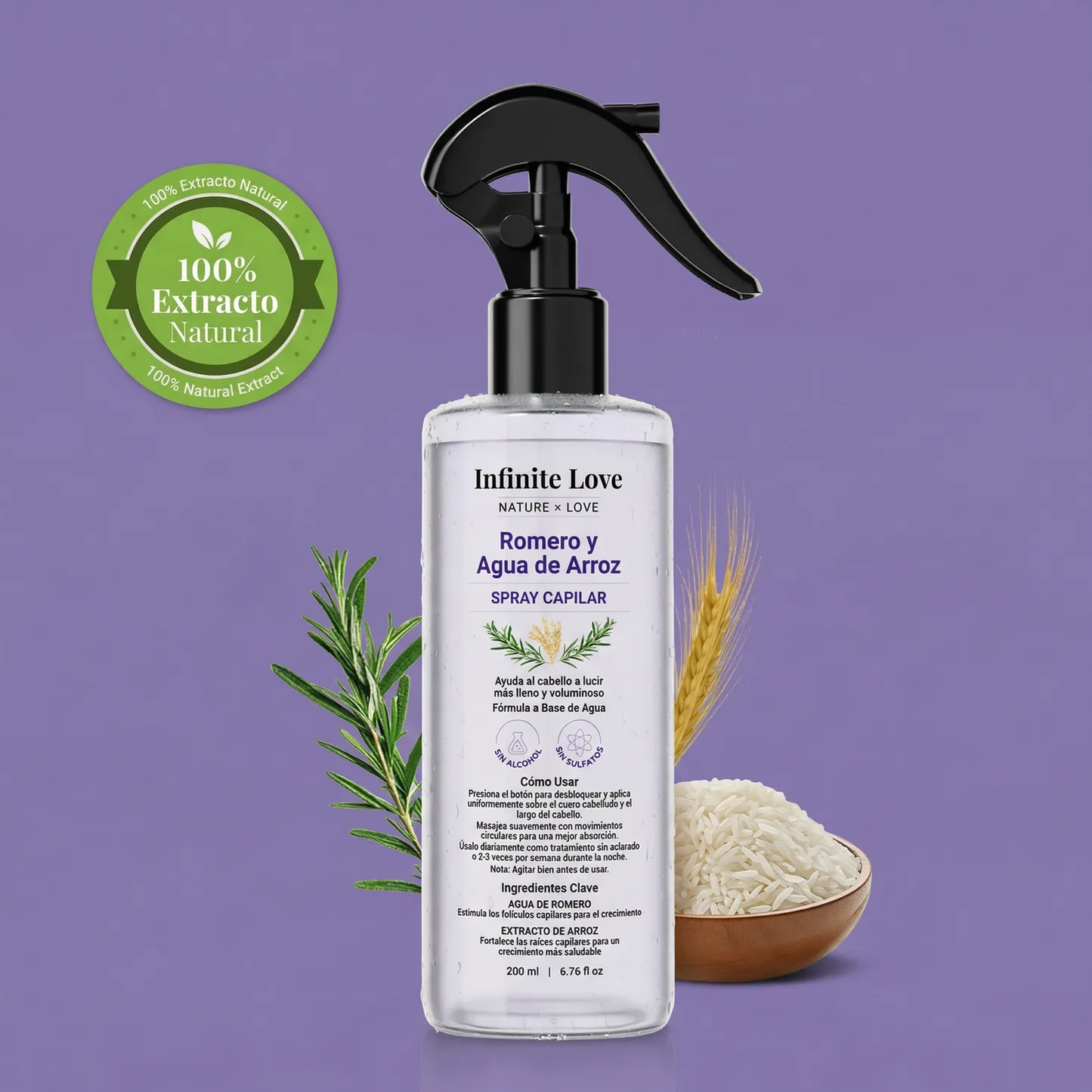 Spray Capilar Estimulador de Crecimiento con Romero y Agua de Arroz (100% Natural) para Frenar la Caída