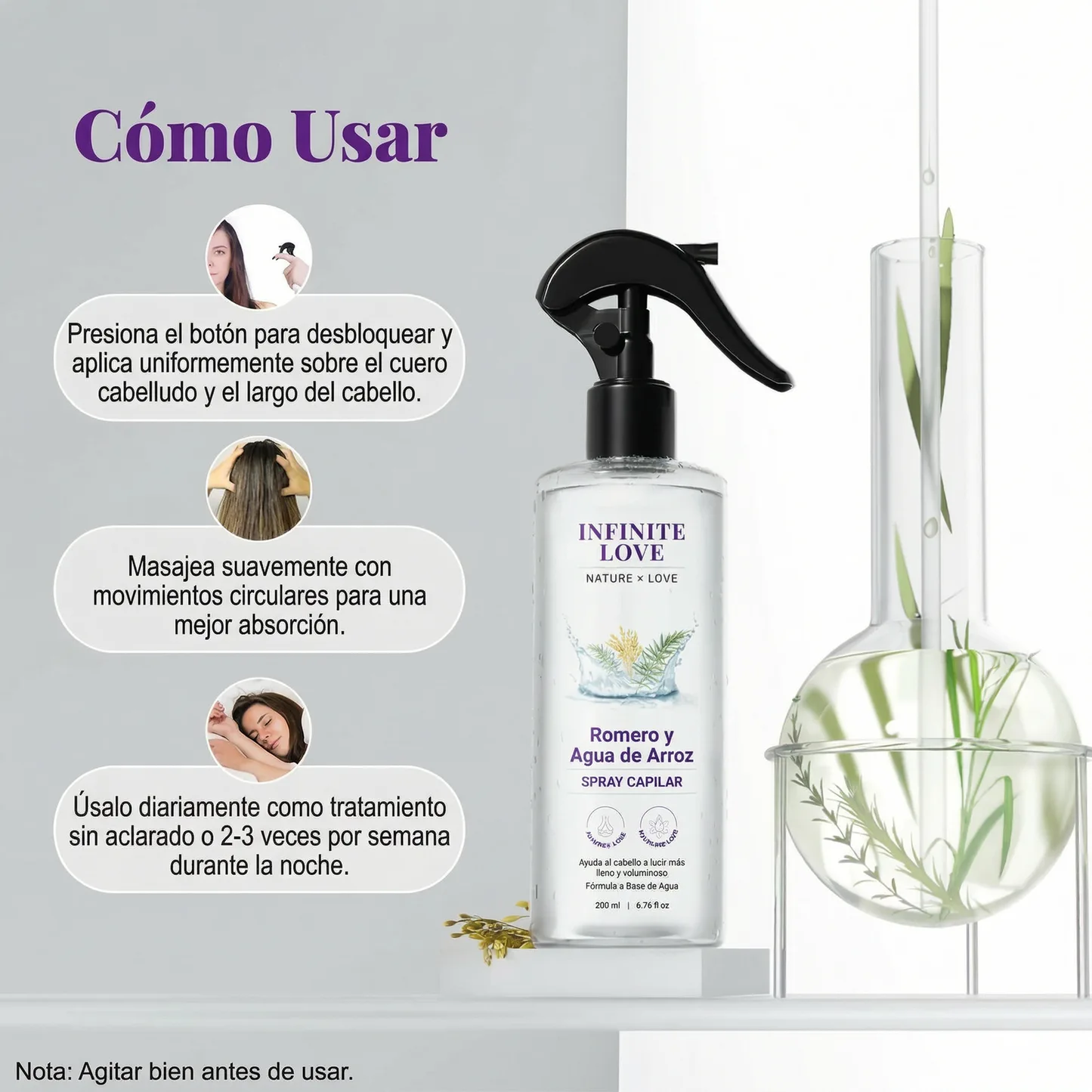 Spray Capilar Estimulador de Crecimiento con Romero y Agua de Arroz (100% Natural) para Frenar la Caída