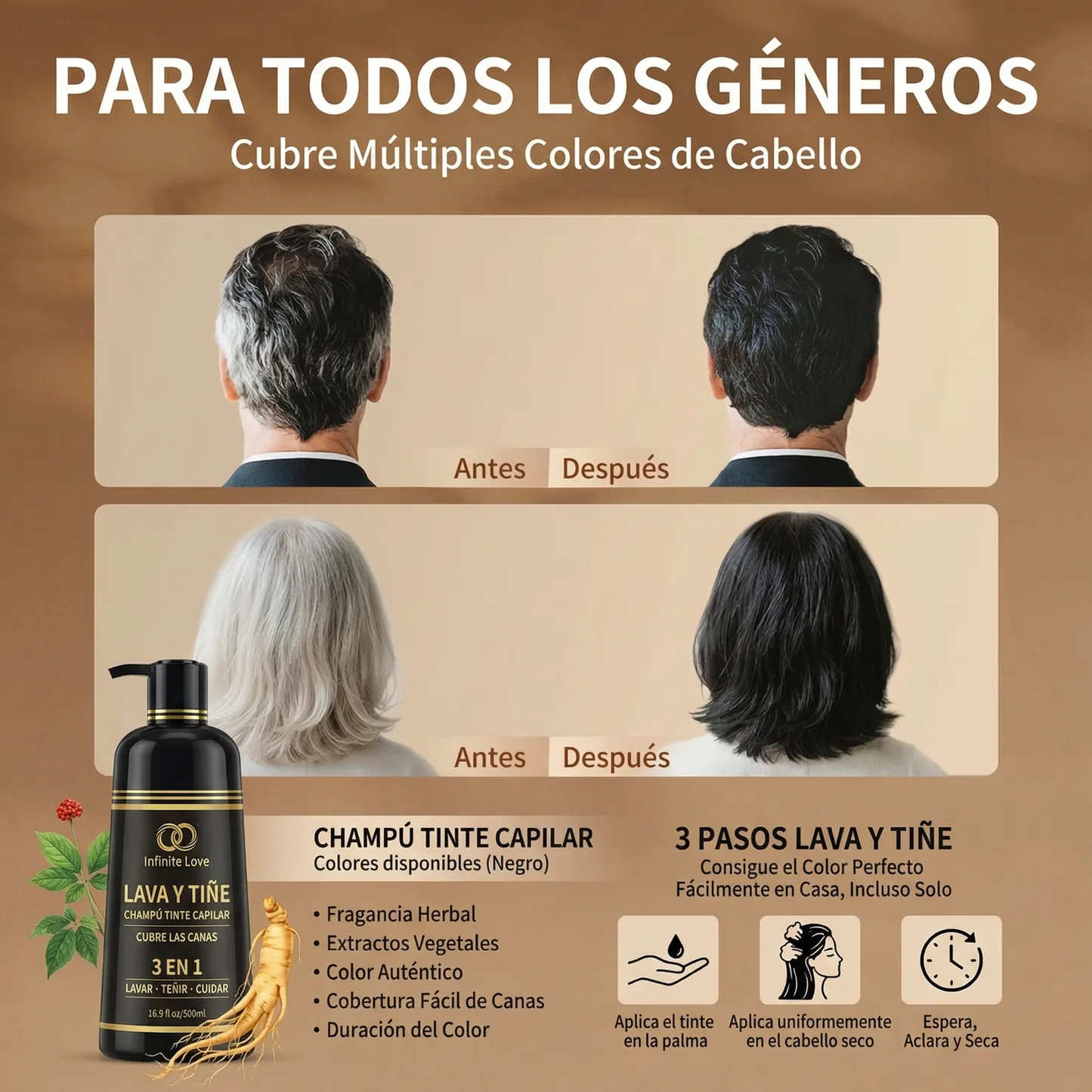 Champú Tinte 3 en 1 'AKOIIN' con Extractos Botánicos para Cubrir 100% las Canas